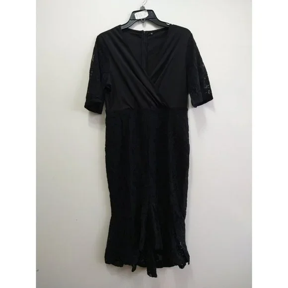 Rotita Dresses Elegant Black V Neck Ruffled Bottom Lace